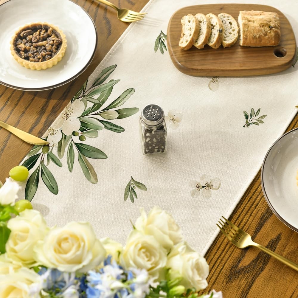 Cross Olive Leaves Spring Table Runner,Seasonal Summer Easter Kitchen Dining Tab