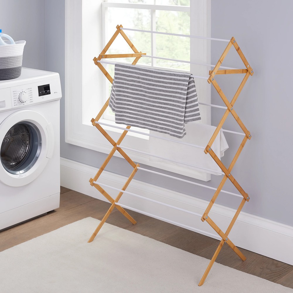 Mainstays Space-Saving Collapsible Bamboo Laundry Clothes Drying Rack