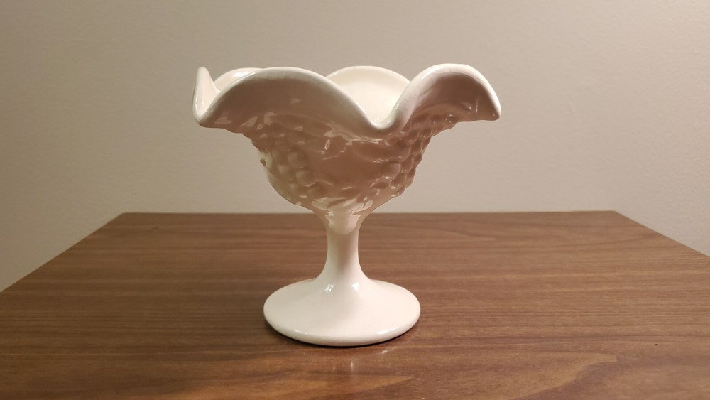 Grape Pattern Compote Ruffled Edge Footed Stemmed White Ceramic