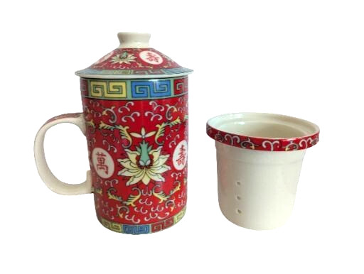3 piece set Ceramic Oriental Red & Yellow Pattern w/flowers, lid & Strainer
