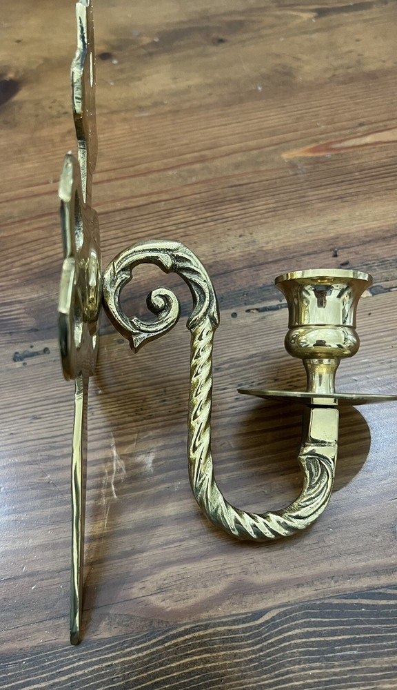 vintage mcm brass scroll candle sconces set (2) 9” tall