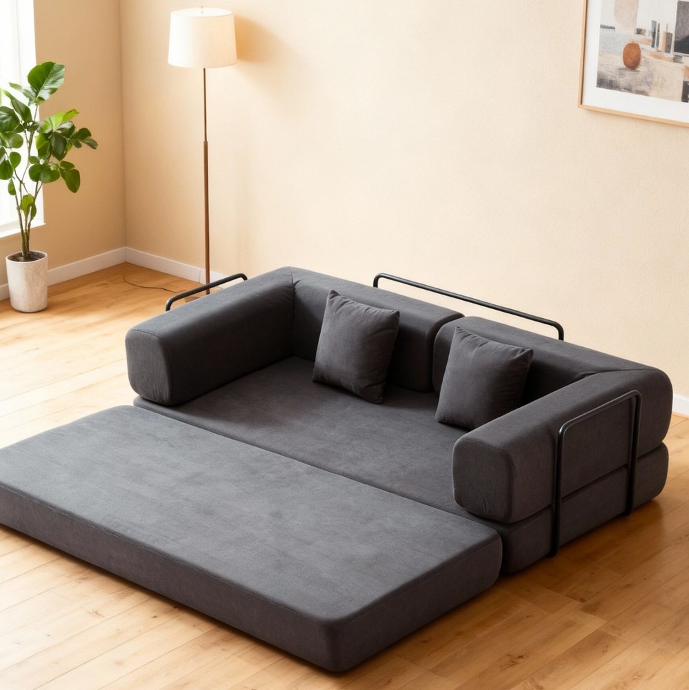Convertible Sleeper Sofa Bed with Corduroy Mattress & Pillow, Fixed Frame, Grey