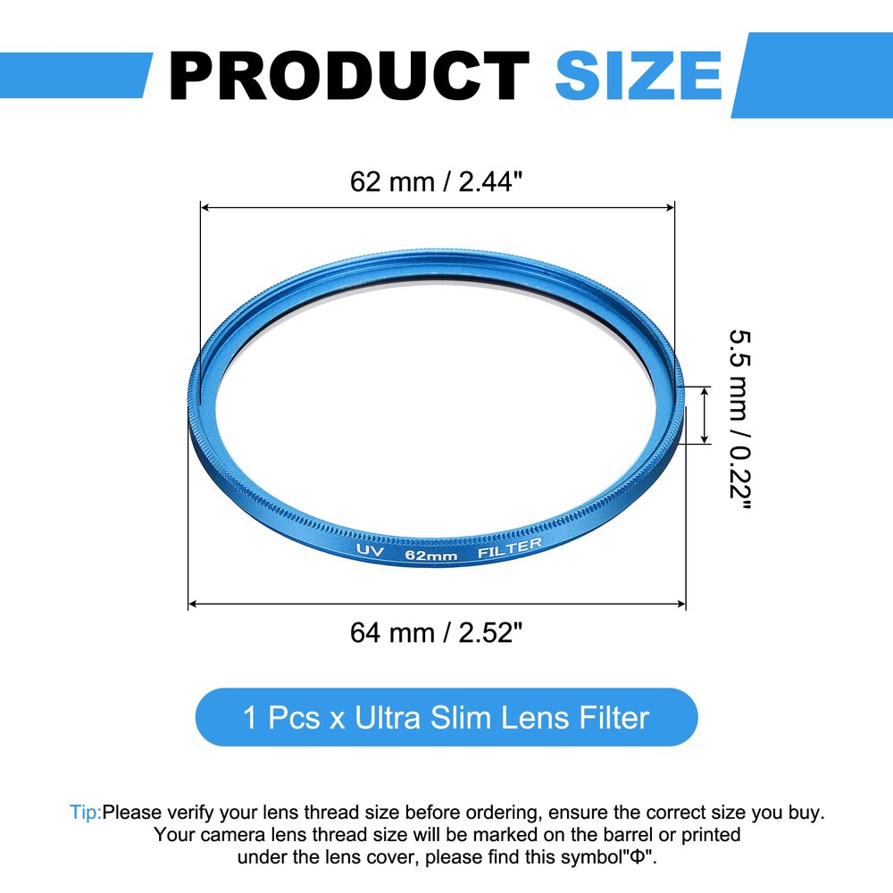 62mm Ultra Slim Lens Filter Multi Coating Camera Len Filter, Blue