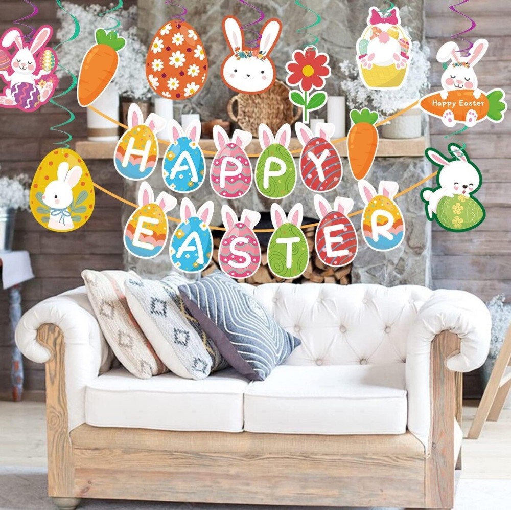 38pcs Easter Decorations Home Happy Easter Bunting Banner Decoration