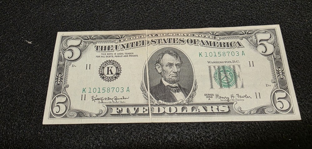 1963 A $5 Error Gutter Fold Federal Reserve Note.