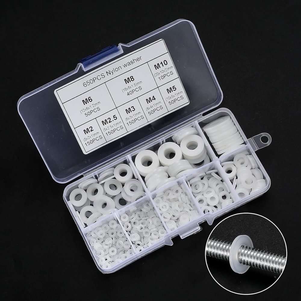 650 Pcs White Nylon Flat Washer Assortment Kit, round Flat Nylon Washers