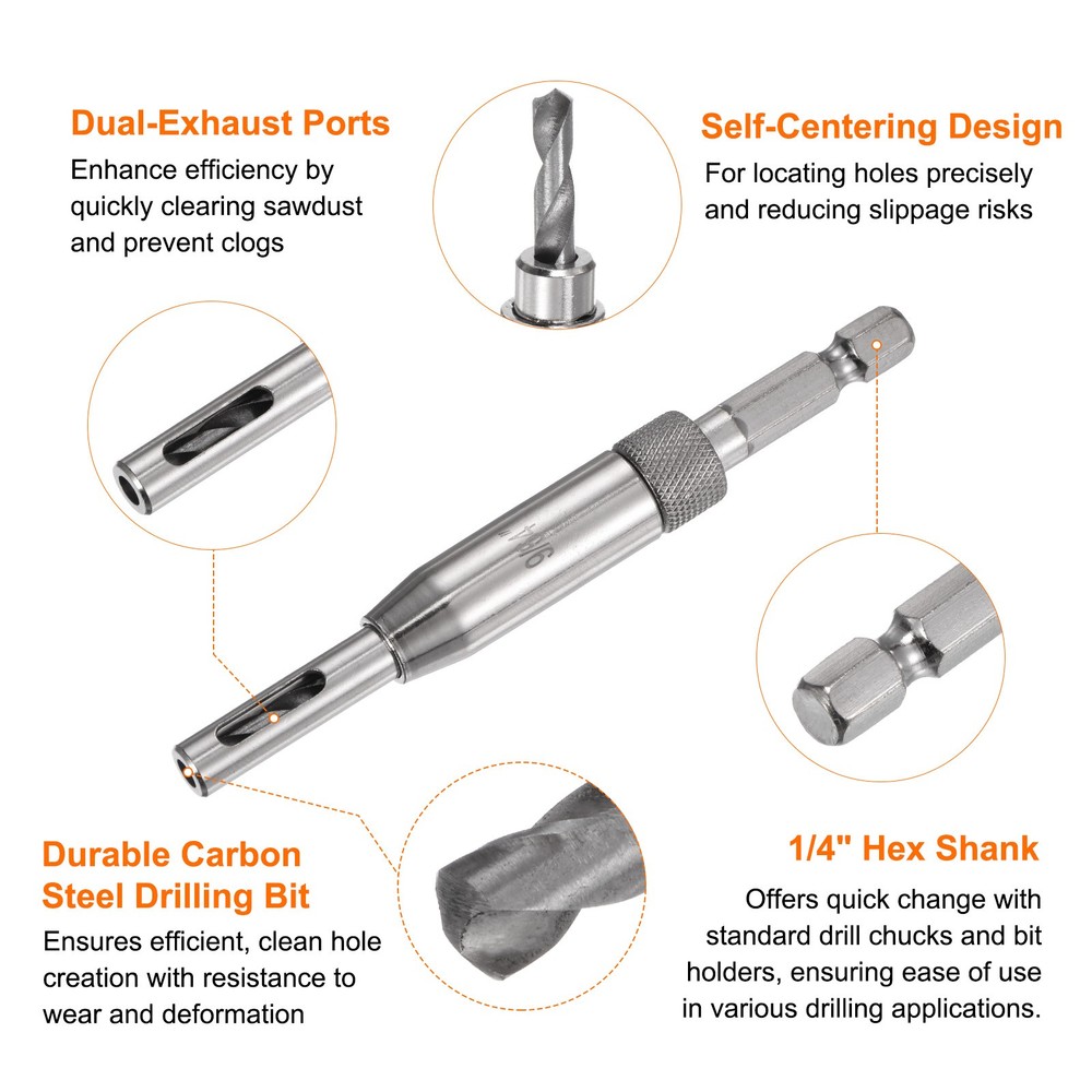 2pcs Self Centering Drill Bit Set 9/64" Hex Shank 1/4" for Hinges, Silver