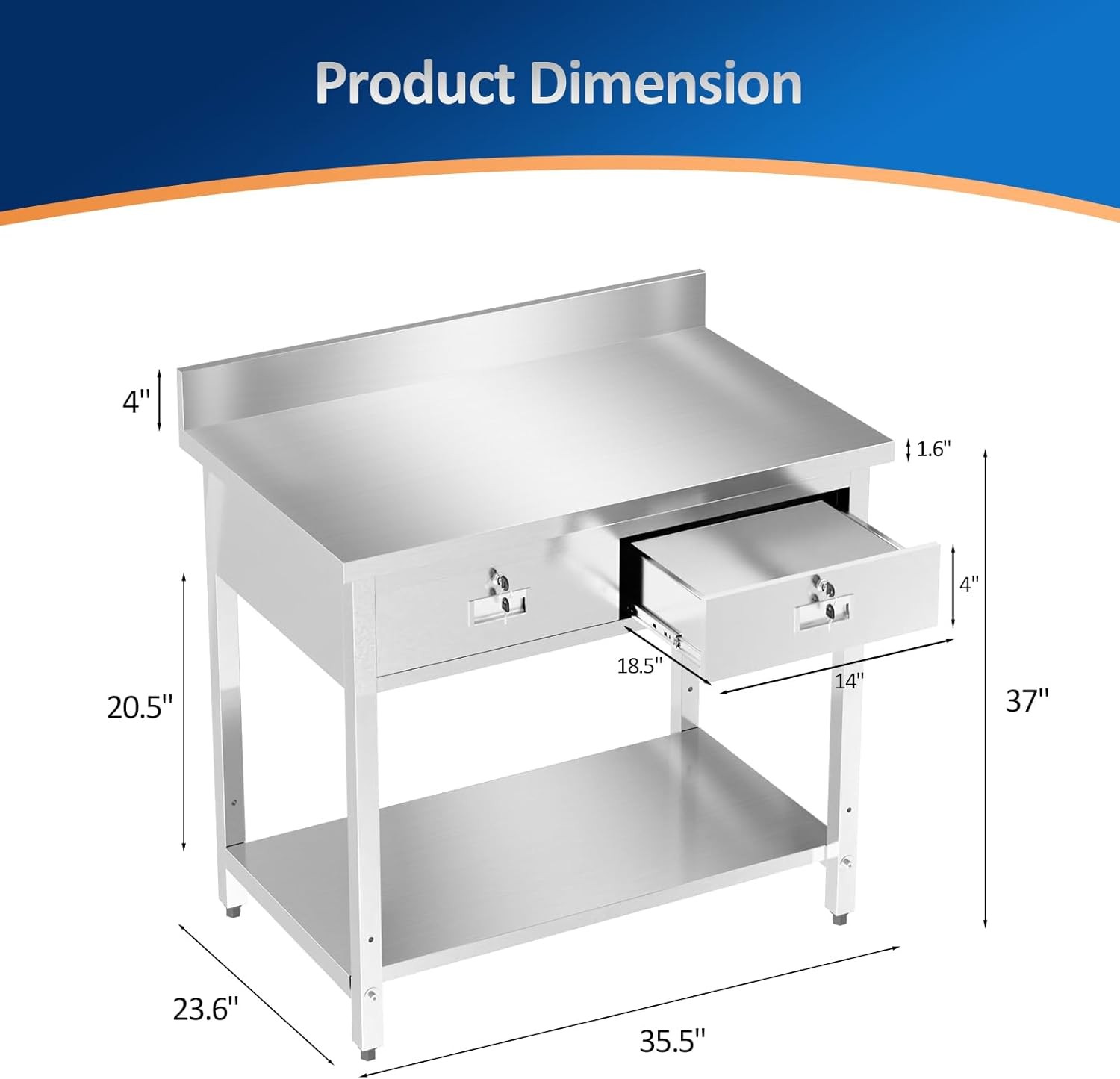 36 x 24" Stainless Steel Table with 2 Drawers Heavy Duty Metal Prep & Work Table