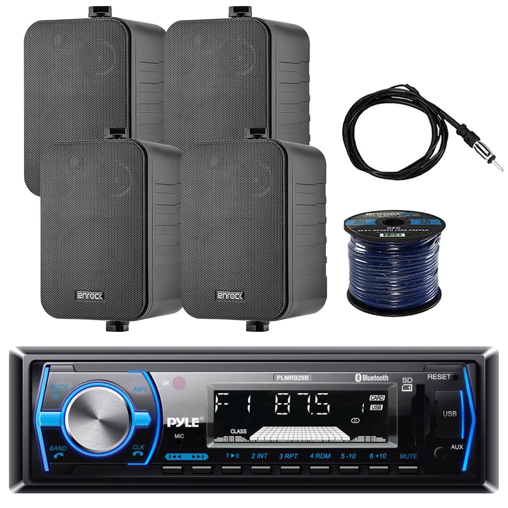 Pyle PLMRB29B Stereo Receiver, 4x 4" 30W Speaker, Wire, Antenna