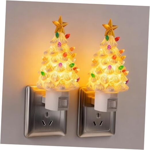 2 Pack Ceramic Christmas Tree Night Light,Vintage Decorative Xmas Tree White