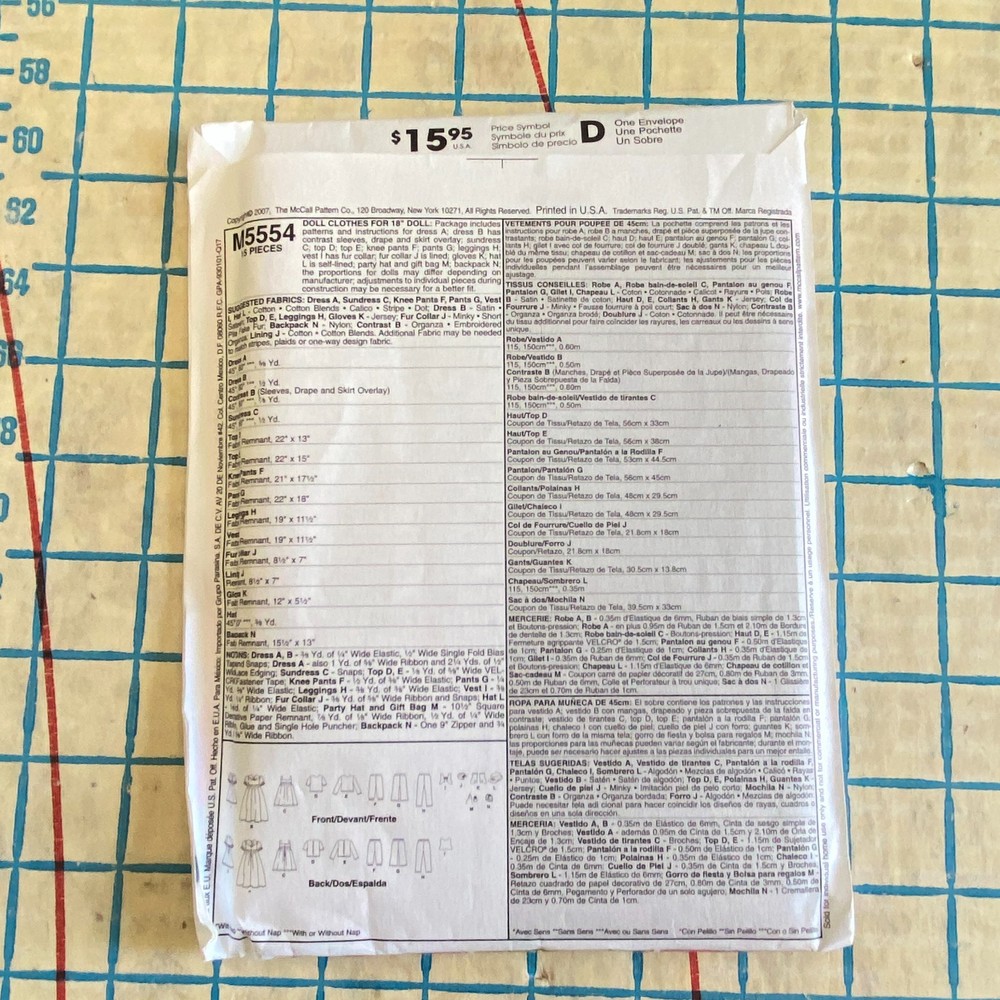 Uncut Pattern Clothing Pattern for 18" Doll McCalls M5554
