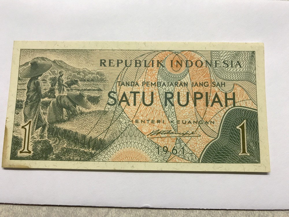 1961 Indonesia 1 Rupiah Farm Workers Gem Unc. #4821