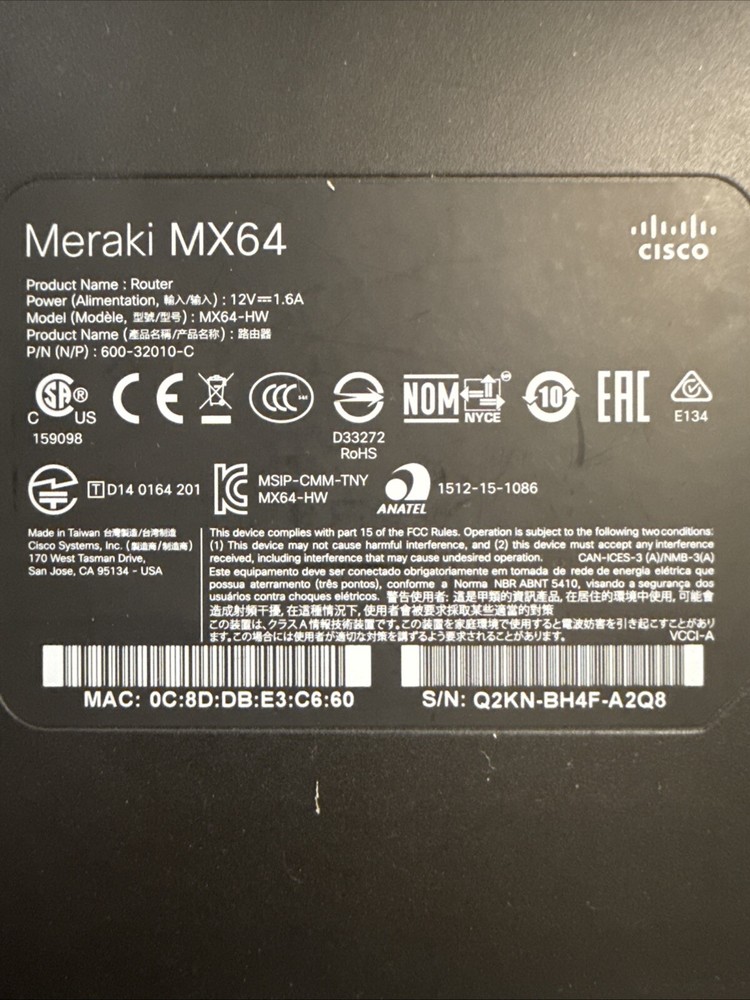 Cisco Meraki MX64 Cloud Managed Firewall
