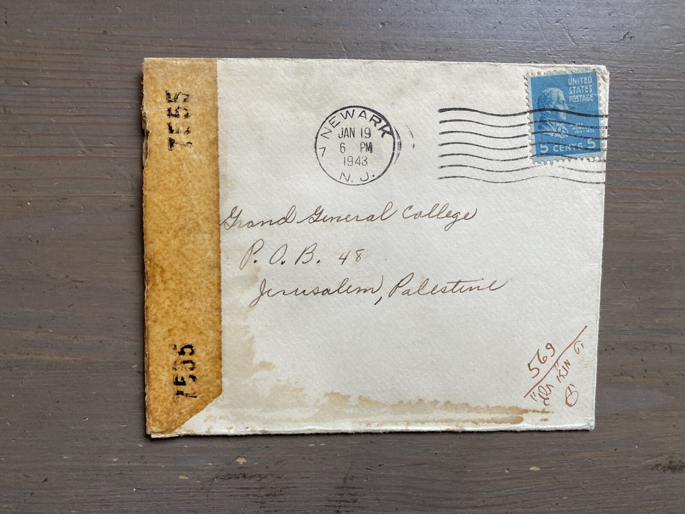 Palestine 1943 Cover Envelope from US to Palestine