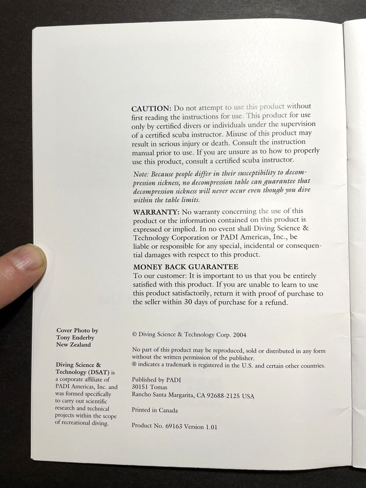 PADI Recreational Dive Planner / Instructions Book Scuba