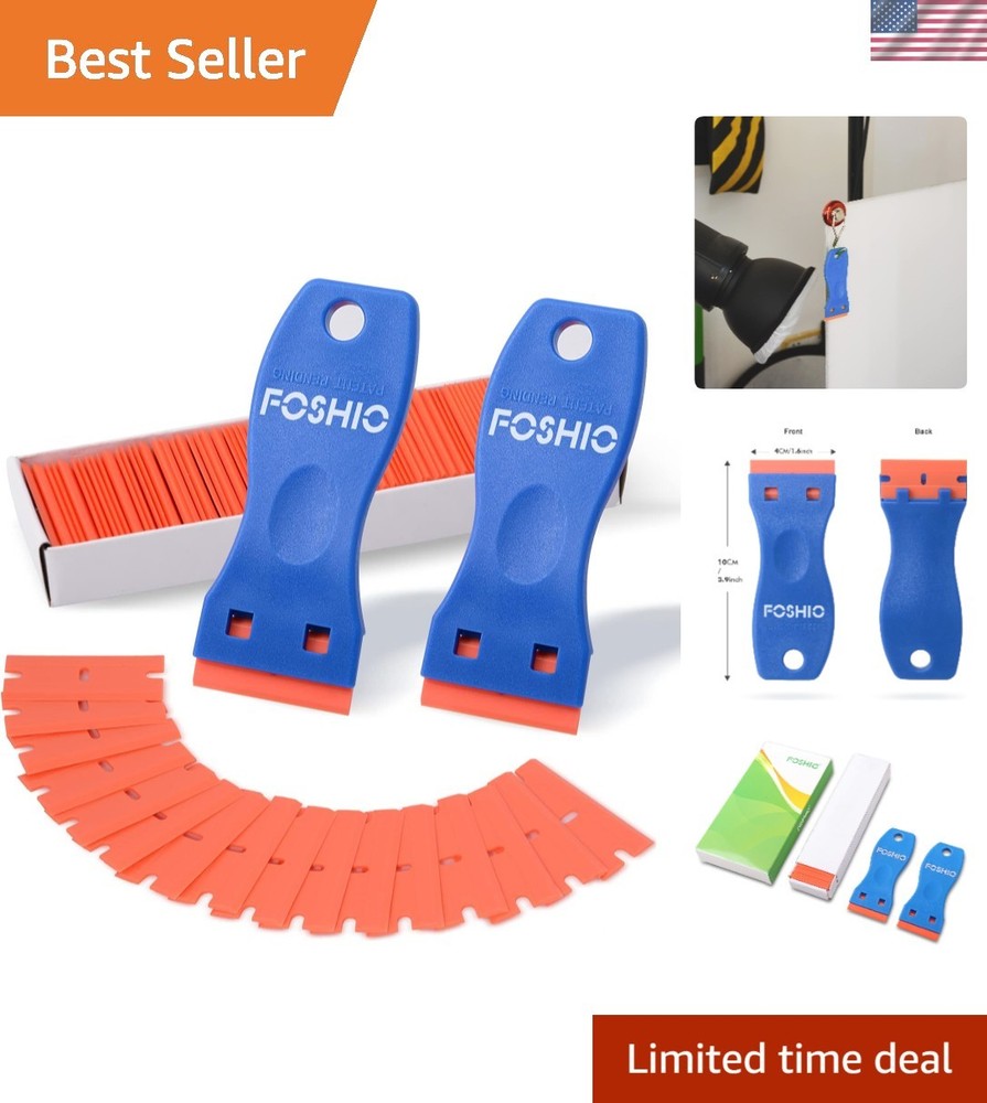 Plastic Razor Blade Scraper Set - 2PCS Tools & 100 Blades for Easy Adhesive R...