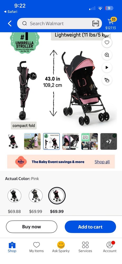 Pink Umbrella Stroller Single Seat Lightweight Compact Fold Basket Canopy