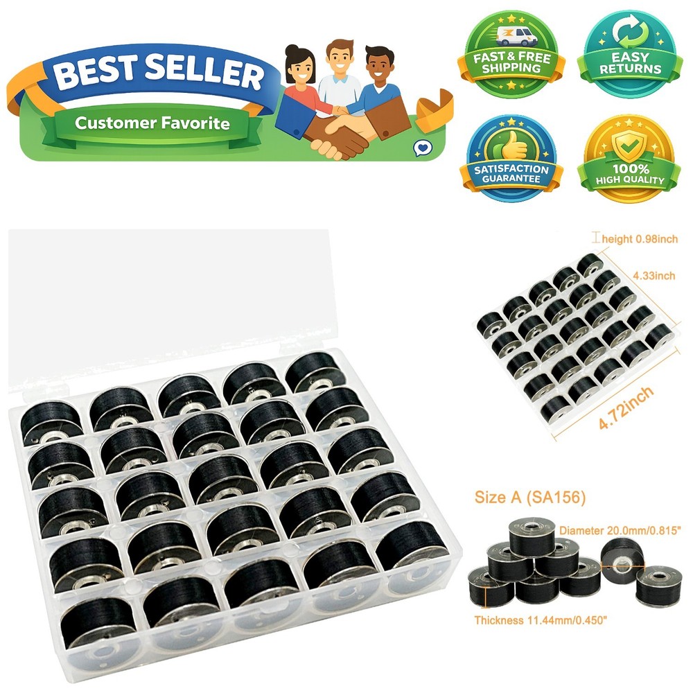 25pcs Black 70D/2 60WT Prewound Bobbin Thread Plastic Size A SA156 for Embroi...