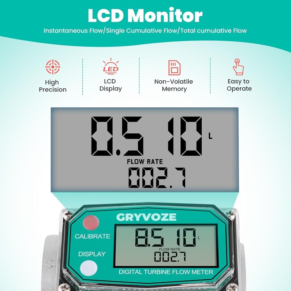 1 Inch Digital Turbine Fuel Flow Meter, 2.6-26 GPM Inline NPT Thread Flowmete...