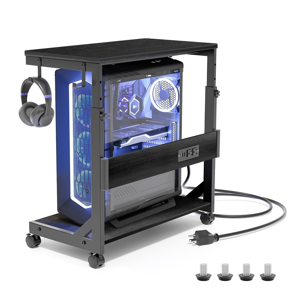 Height Adjustable Computer Tower Stand with Charge Station and 25.2", Black