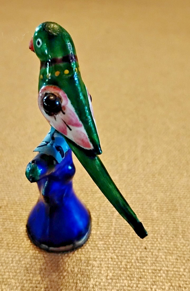 ENAMELLED SILVER MINI PARROTS GREEN & COBALT GEM ACCENT