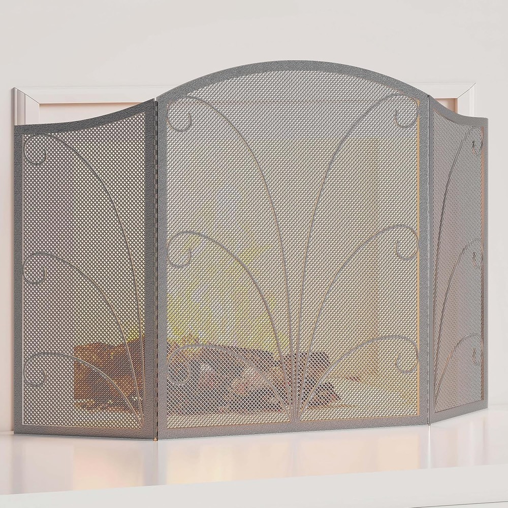 3-Panel Arched Fireplace Screen Decorative Handcrafted Scroll Wrought Iron