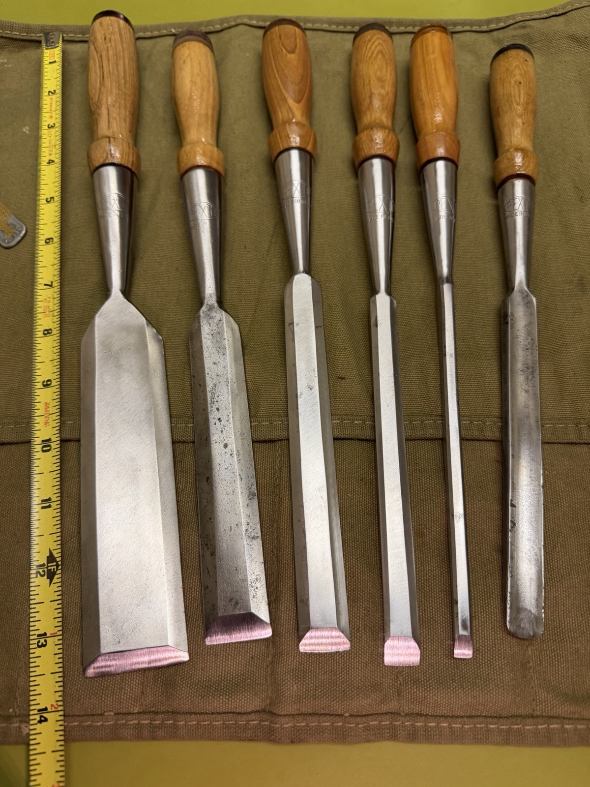 SUPERB 6-pc Set PEXTO vtg Socket Chisels w/MATCHING Handles & CANVAS TOOL ROLLUP