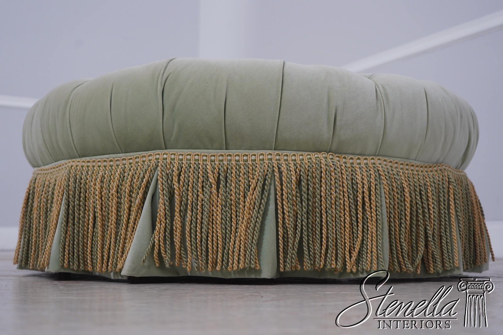 71656: BAKER Round Green Velvet Style Upholstered Ottoman