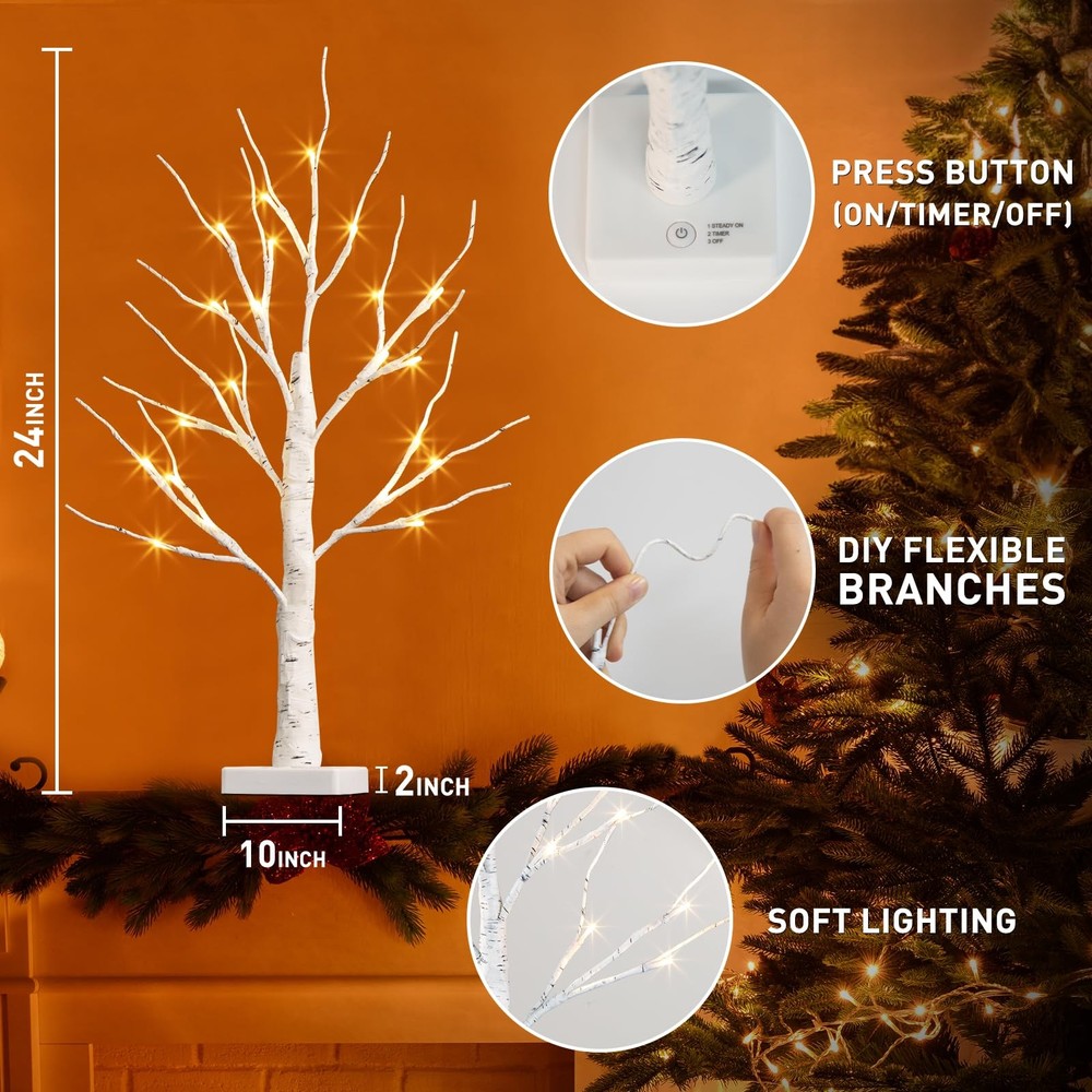 Christmas Decorations 2 Pack Lighted Birch Tree, Artificial Tree with 24 LED ...