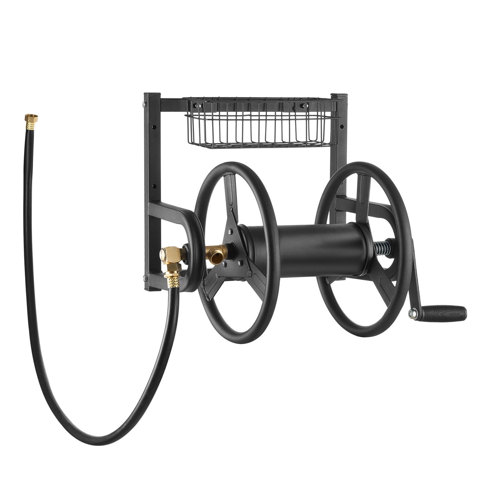 Wall Mounted Garden Hose Reel 125ft 5/8 in Hose Holder Brass Fitting & Basket