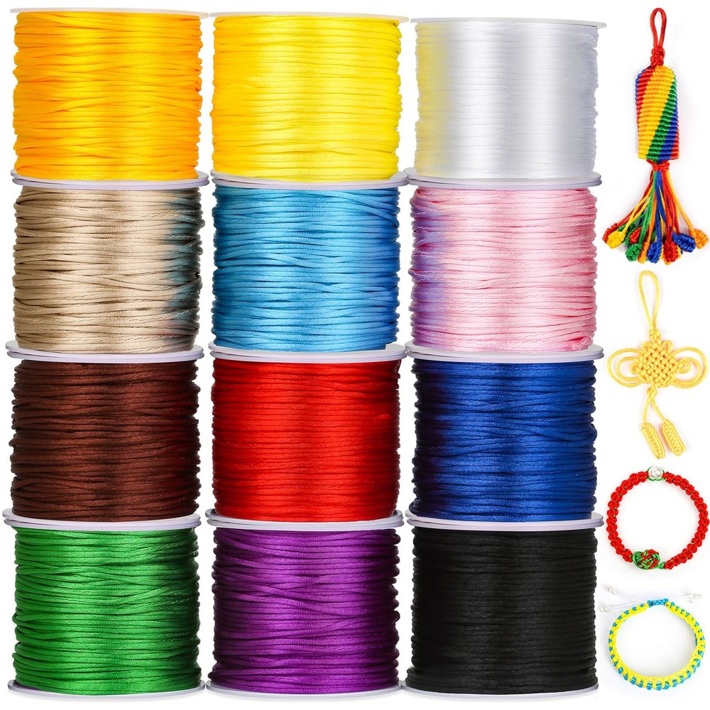 Cridoz 12 Rolls Nylon String for Bracelets, Satin Rattail Silk Multicolors