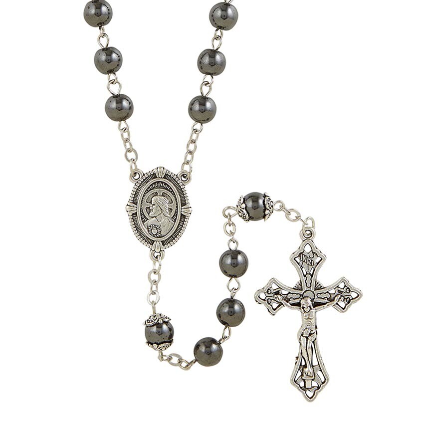 Father Hematite Rosary with Case (G1961) 22" Long