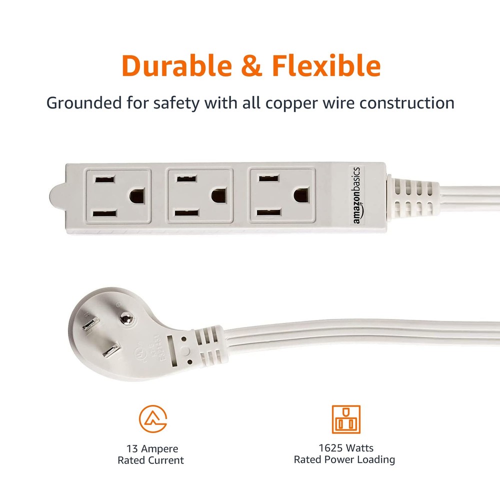 Home Office Setup 3 Outlet Power Strip - Flat Plug 3ft White 2 Pack