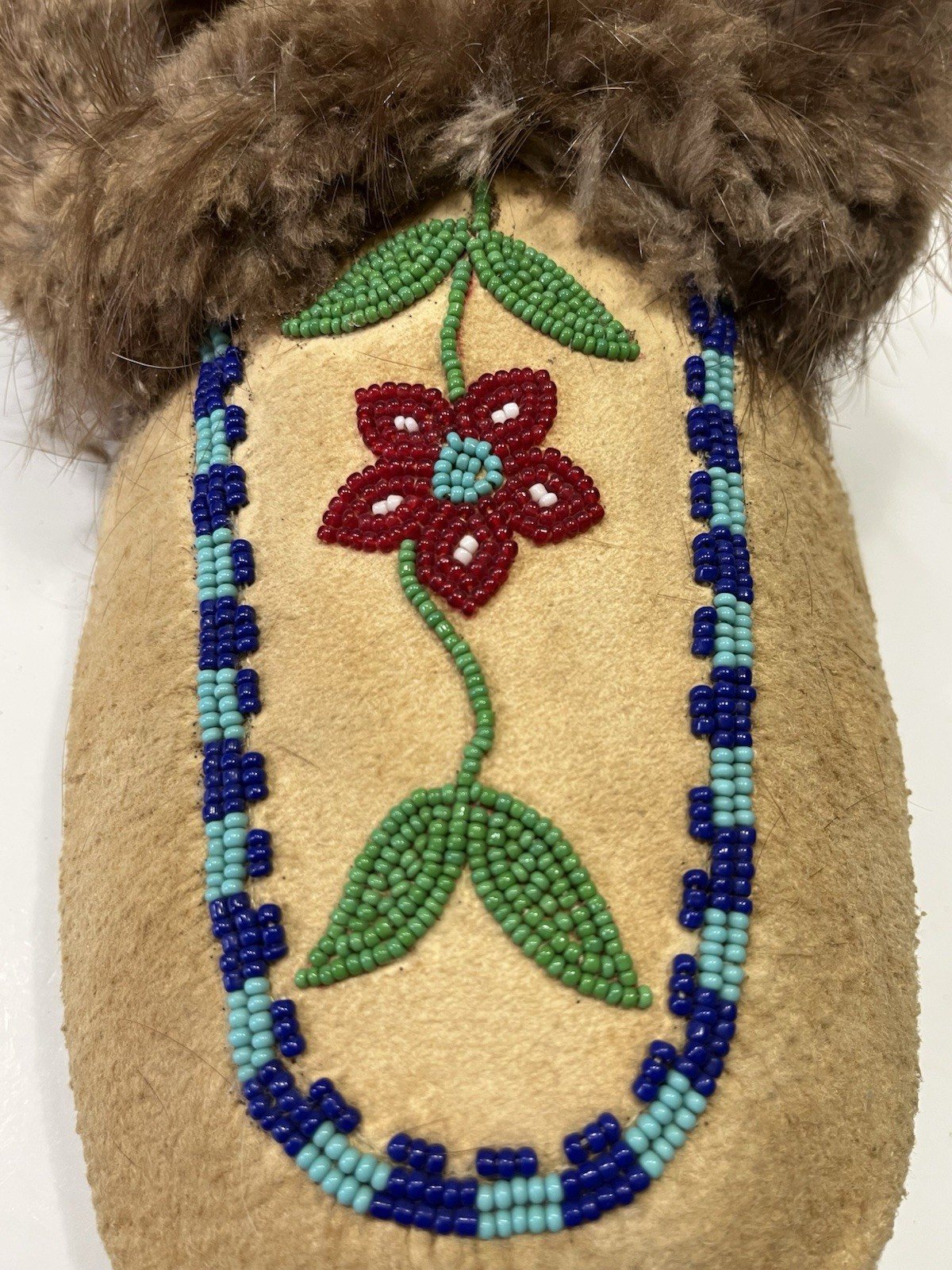 Single Vintage Beaded Indian Moccasin On Hide -Rabbit Fur With Floral Beading