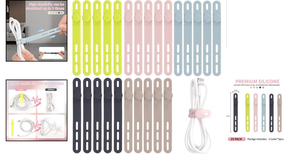 Reusable Silicone Cable Ties - 25 Pcs with Locking Buckle for Easy Organization