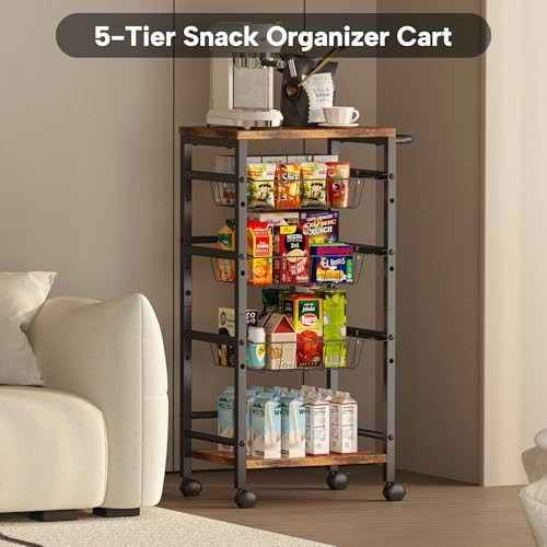 5-Tier Snack Organizer Cart with 3 Height Adjustable Pull-Out Baskets and 2