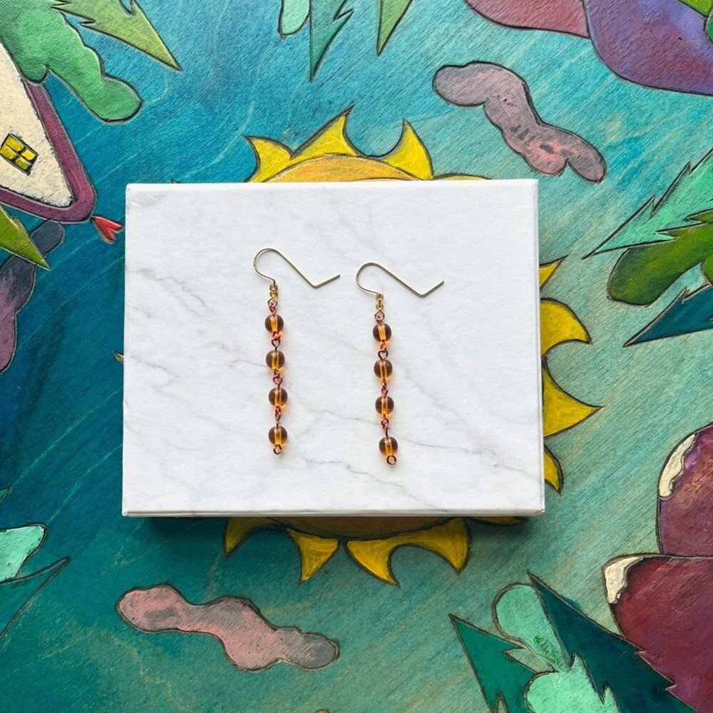 Orange Amber Round Glass Bead Dangle Drop Earrings