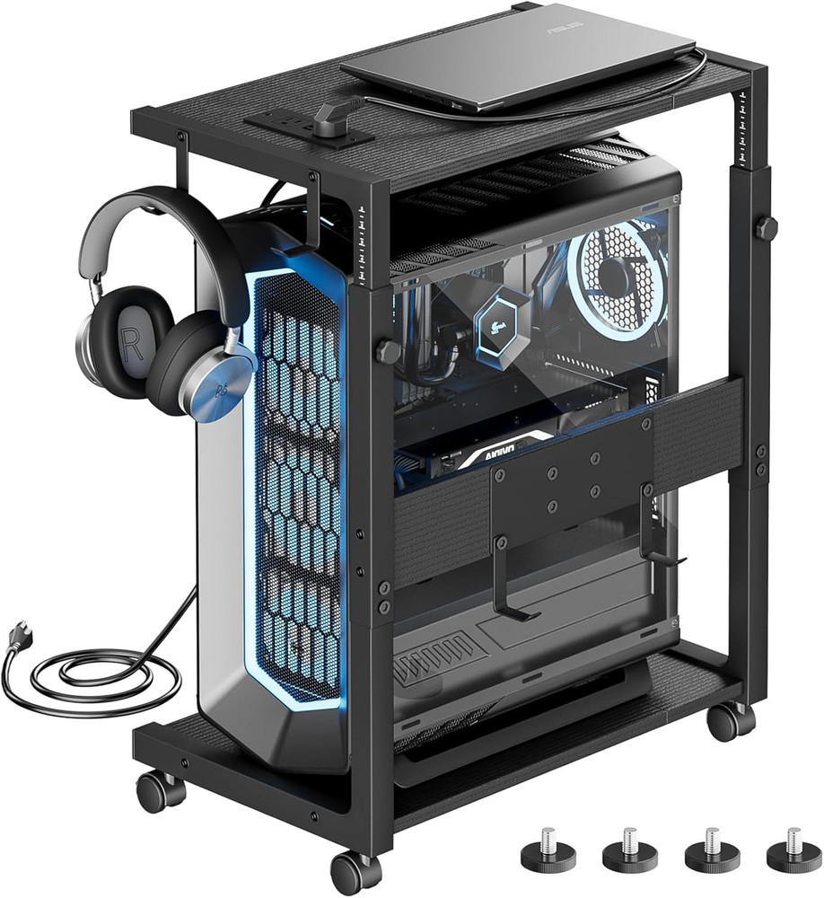 Computer Tower Stand - Adjustable PC Tower Stand CPU Holder Cart with Charging S