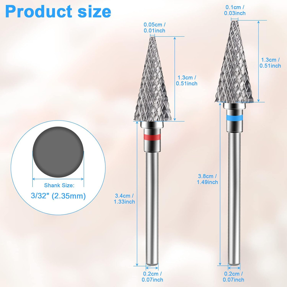 2 Pack Nail Drill Bits for Acrylic Nails, 3/32" Shank Drill Bits for Nails Profe