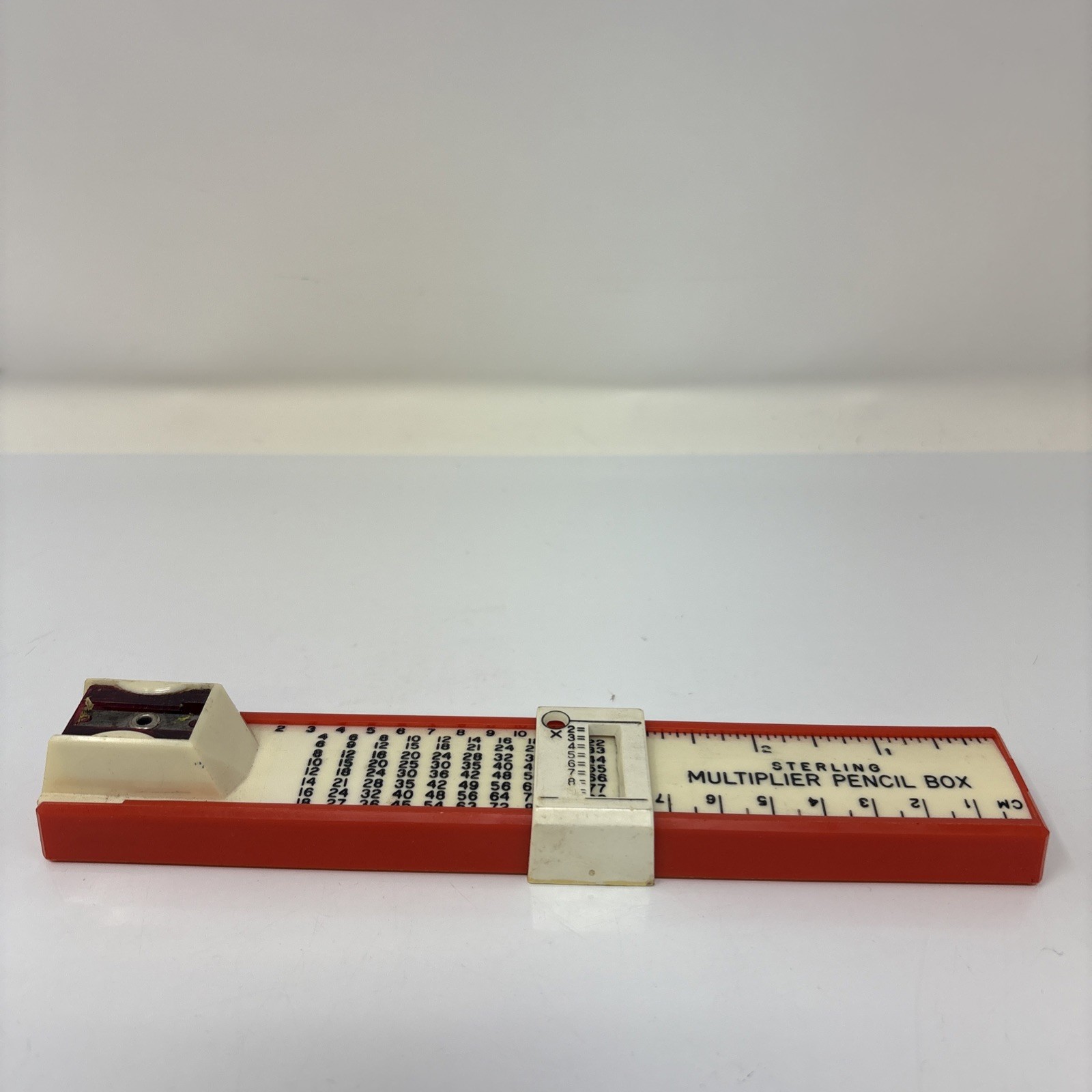 Vintage Sterling Multiplier Pencil Box, Sharpener & Ruler, Red And White 7 5/8"