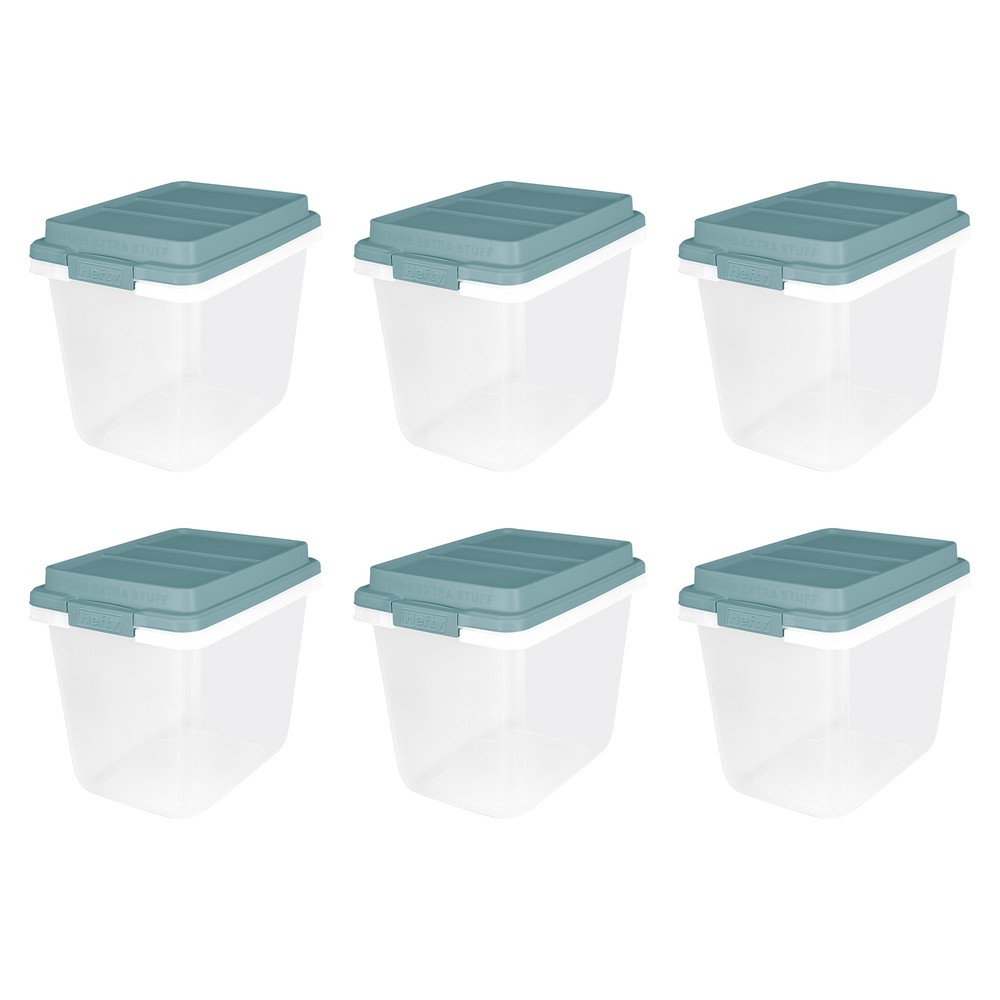 Hefty 6 Pack 32 Quart Lift Off Stackable Plastic Storage Bin and Lid, Clear/Gray