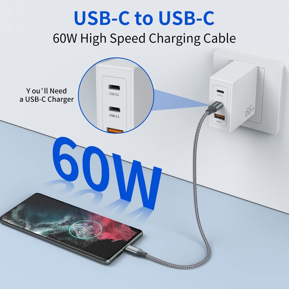 USB C to C Cable (3 Pack 1ft),Short Type C Fast Charging Nylon 1FT, Grey