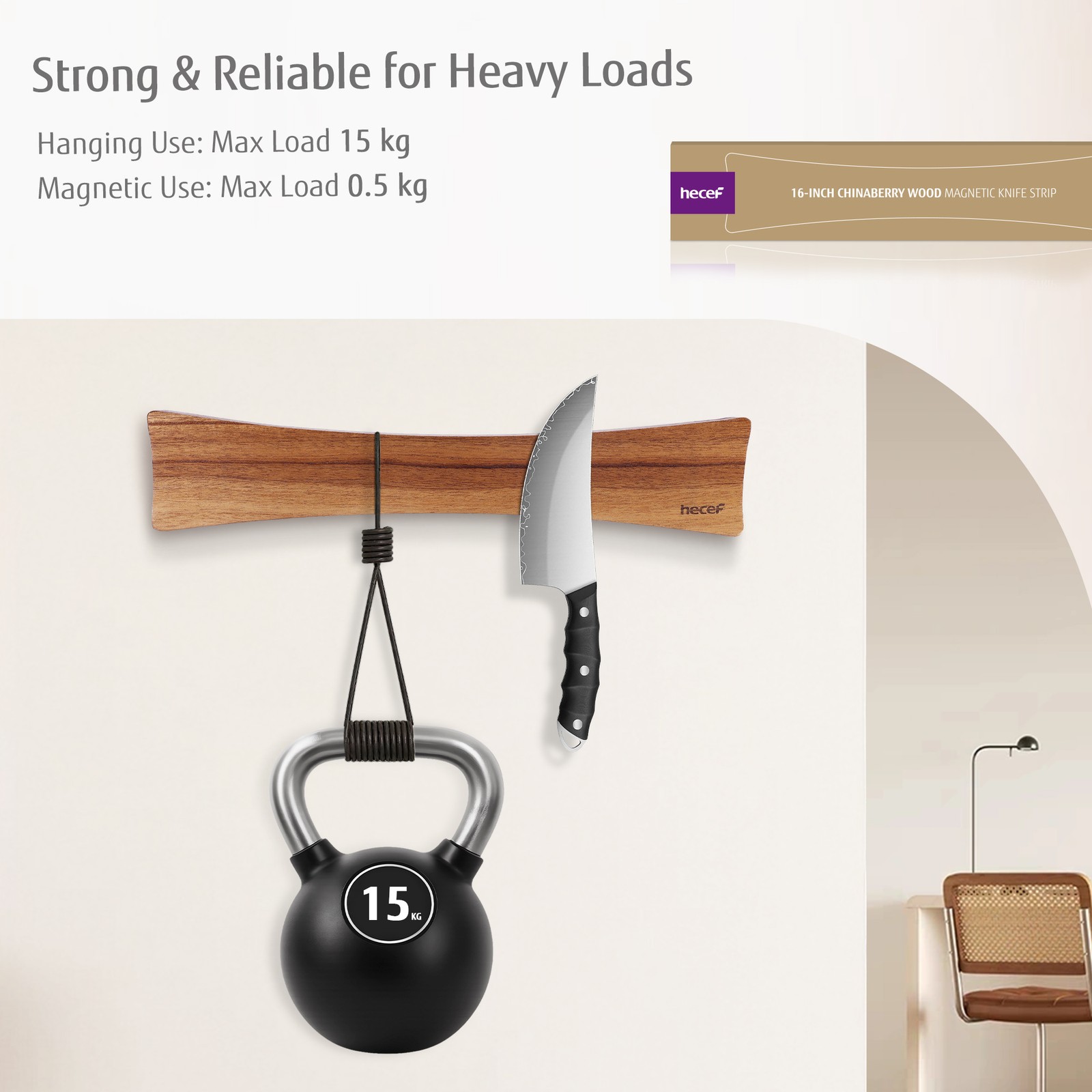 16in Magnetic Knife Strip Solid Wood Knife Organizer Rack Strong Magnets forWall