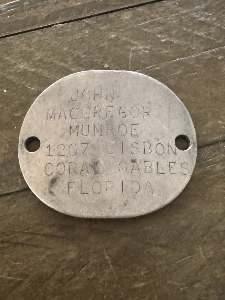 WWII 1944 US Dog Tag, John Magregor Monroe Coral Gables Florida