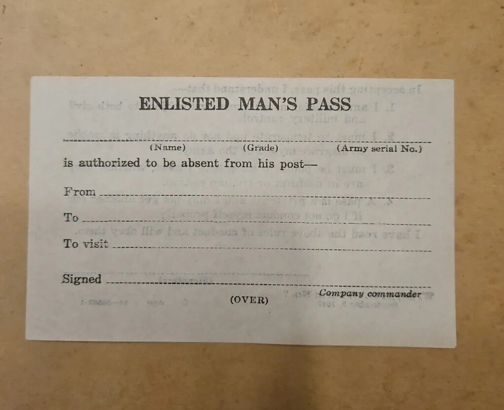 Vintage Original -- UNUSED BLANK -- ENLISTED MAN'S PASS -- 1942