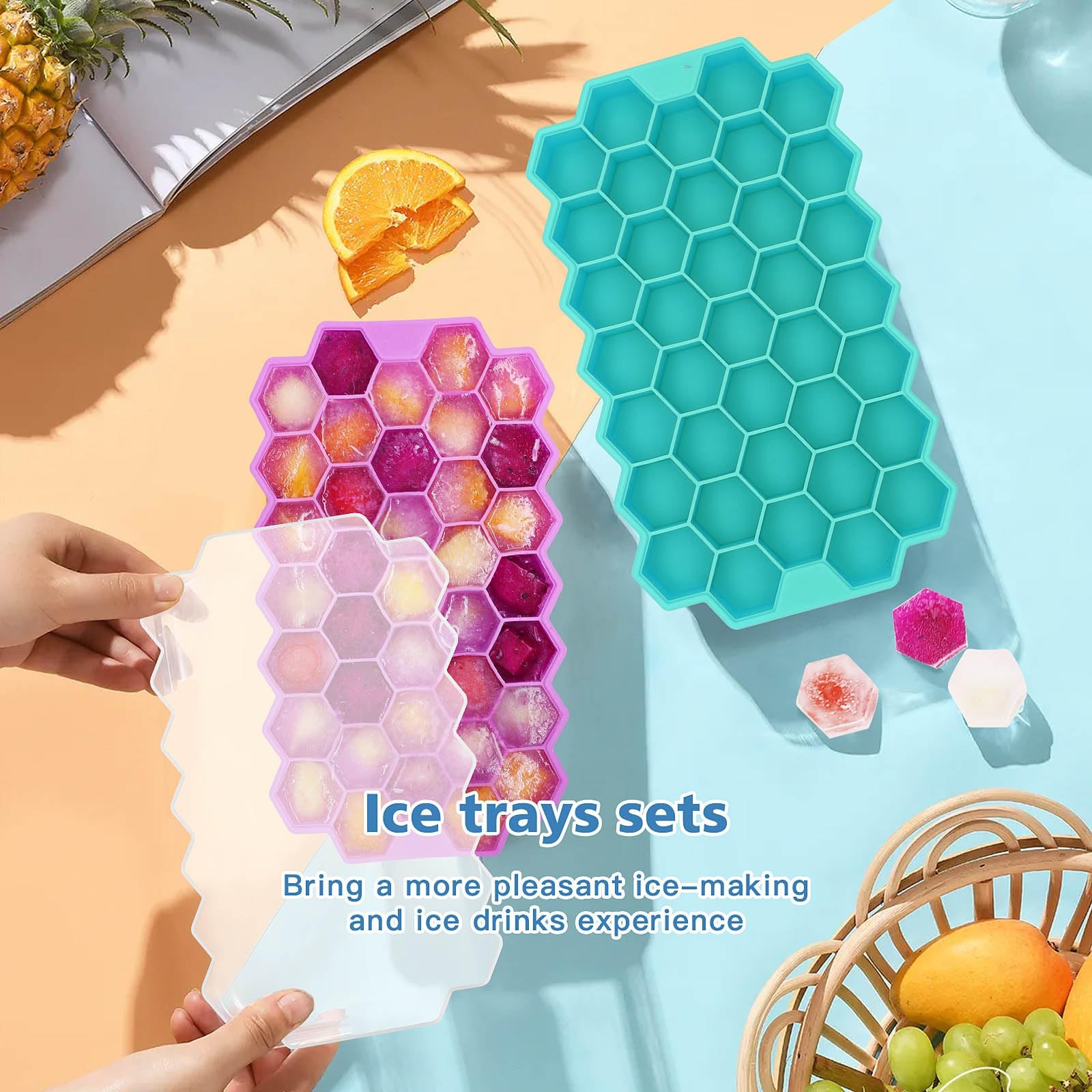 2 Pack Silicone Ice Cube Trays with Lid, 37 Grid Small Ice Cube Molds