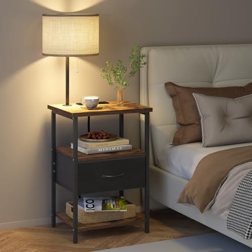 Nightstand with Lights Bedside Table with 3 Rustic Brown & Black 1-drawer