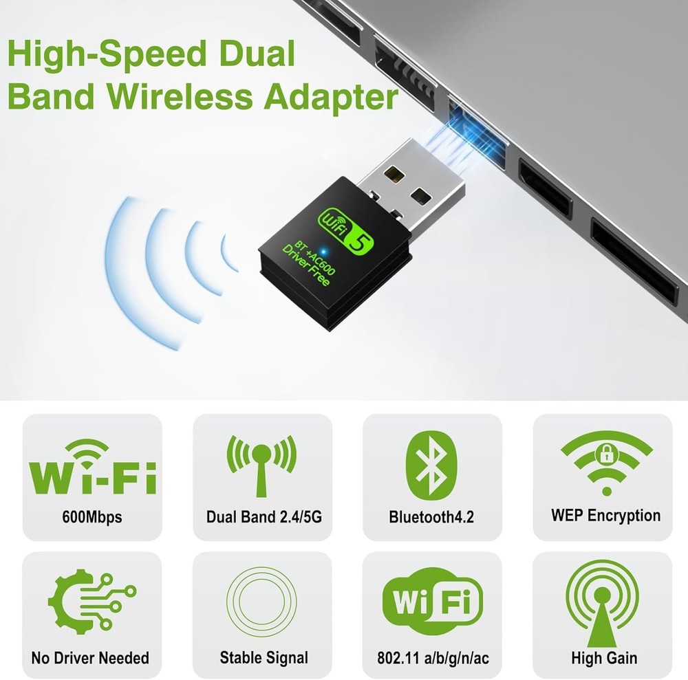 High-Speed 600Mbps Mini USB WiFi Dongle with Bluetooth and AP Mode Functionality