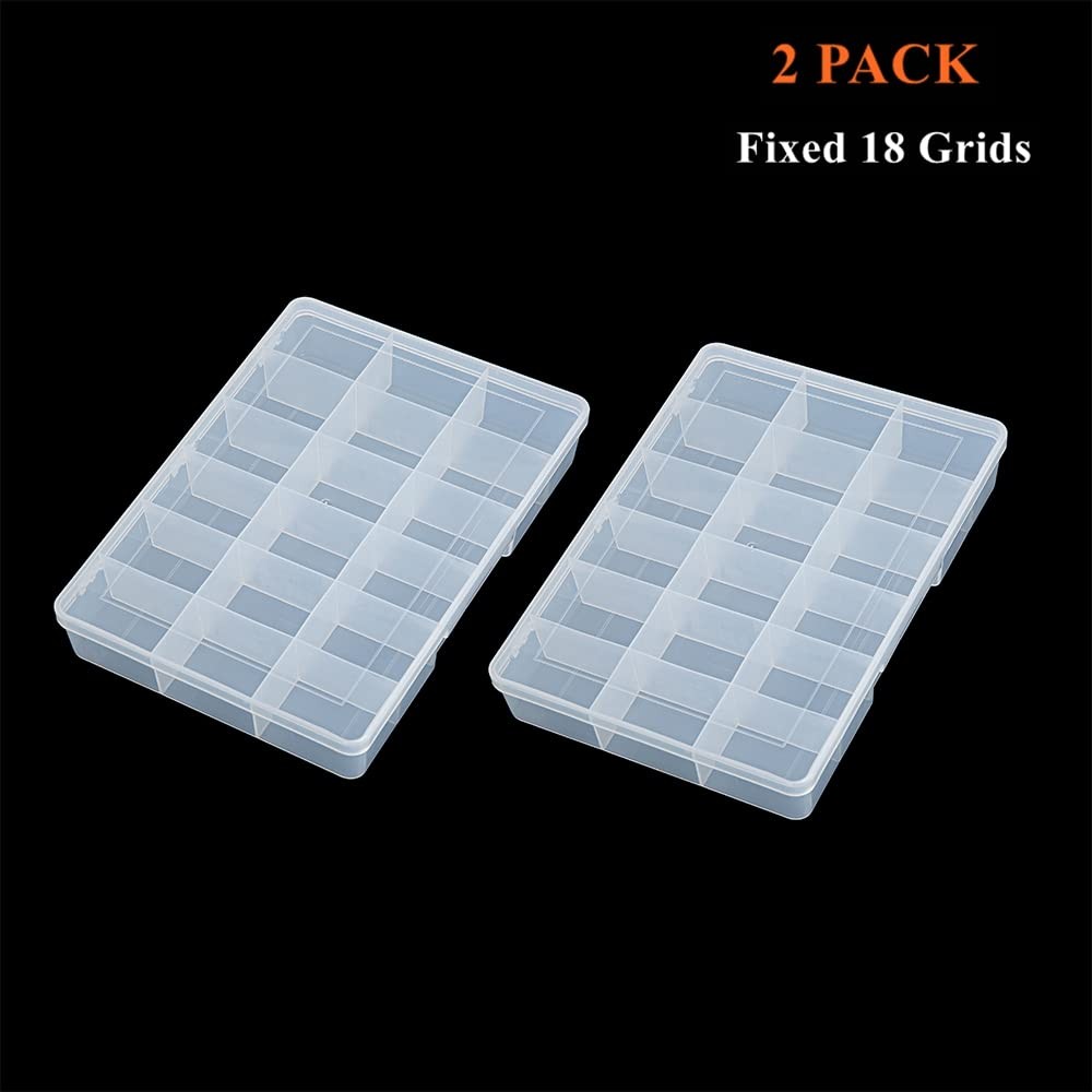 2 Pack Fixed 18 Grids Clear Plastic Compartment Container Case, Transparent O...