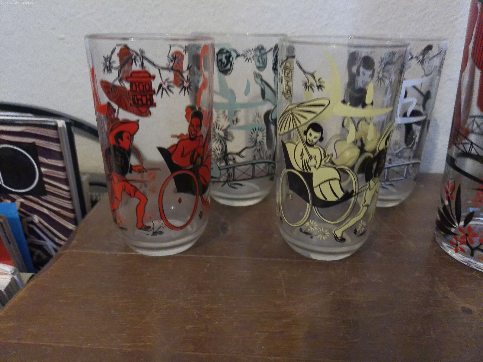 Vintage Mid Century Oriental Asian Design Cocktail Shaker and Eight Glasses